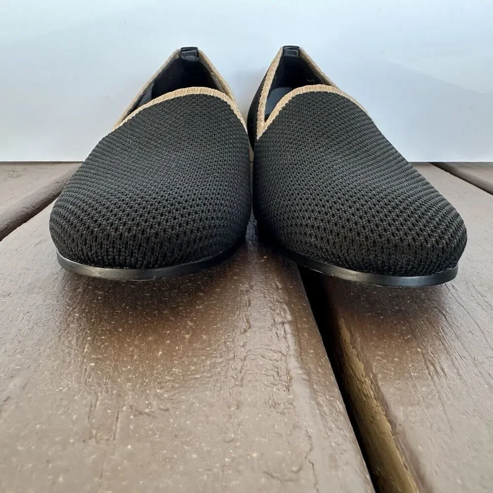 Vionic Willa Knit Slip On Shoes Womens Sz 6.5 Black Loafer Flats Beige Comfort